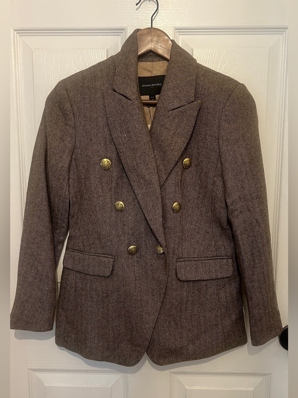 BANANA REPUBLIC Women’s Brown Herringbone Double Breasted Gold Button Blazer NEW